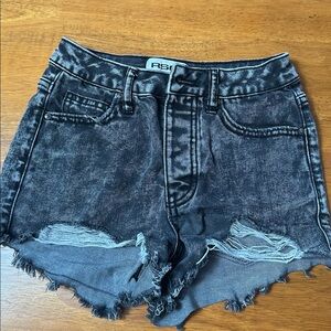 RSQ juniors black vintage high rise distressed denim shorts. Size 23. Button fly